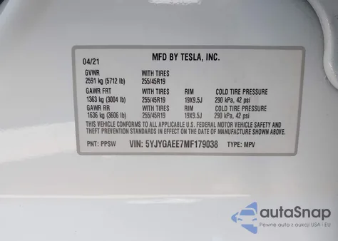 2021 Tesla Model Y Long Range Dual Motor All-Wheel Drive из США, поврежденный, VIN 5YJYGAEE7MF179038